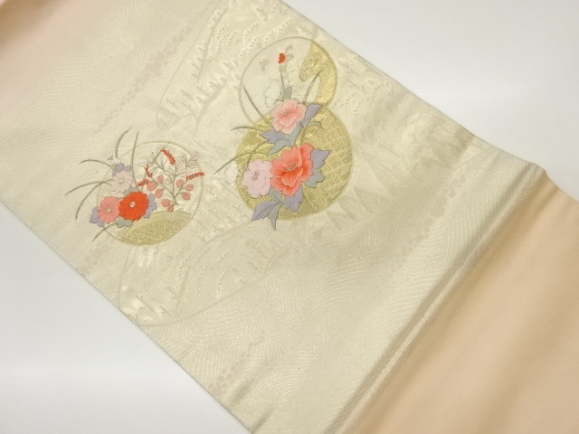 リサイクル　純金箔丸文に草花・蛇籠模様刺繍名古屋帯